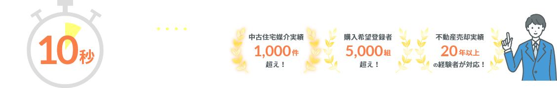 簡単すぐ10秒無料査定 個人情報は登録不要！無料査定 中古住宅媒介実績1,000件超え！ 購入希望登録者5,000組超え！ 不動産売却実績20年以上の経験者が対応！